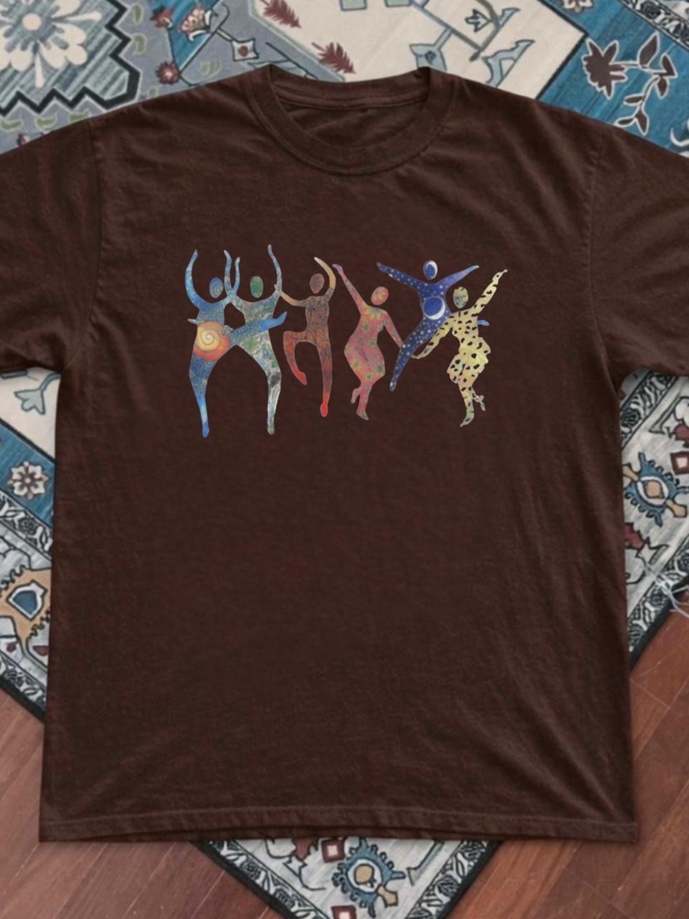 Gildan Brown Short Sleeve Tee with Multicolor Dancing Silhouettes